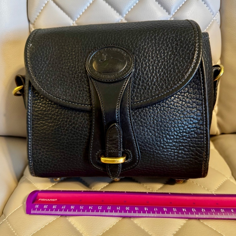 Black and Gold Tone Dooney & Bourke Structured Crossbody Bag with Flap Closure